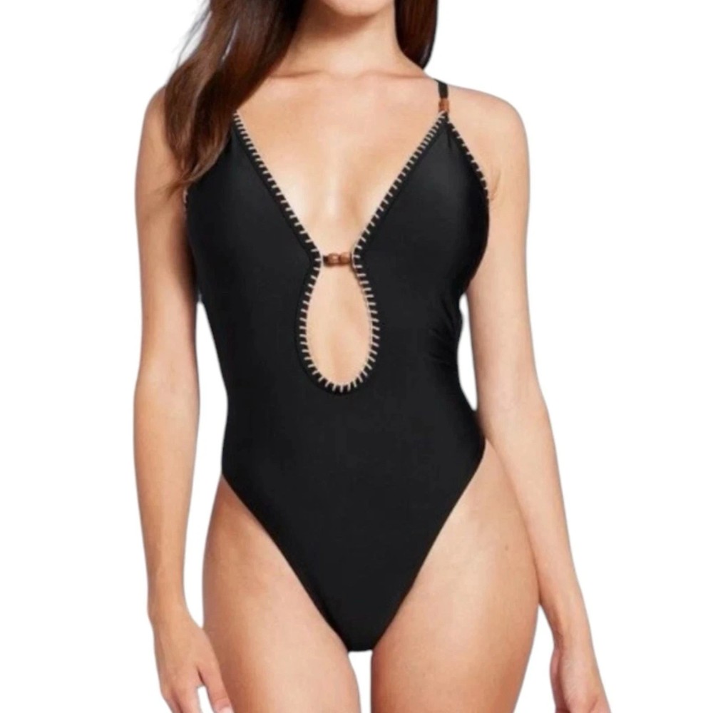 Shade & Shore Plunge Bead Detail Extra High Leg One Piece Swimsuit XS