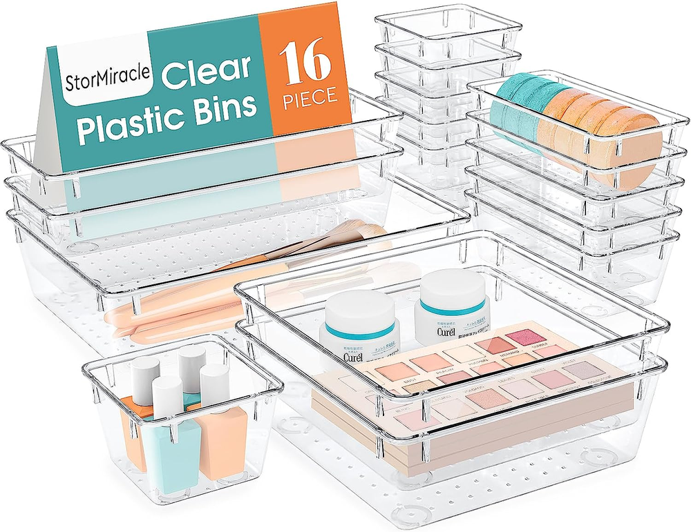 16 PCS Drawer Organizer Set, 5 Varied Size Bathroom and Kitchen Drawer Cabinet O