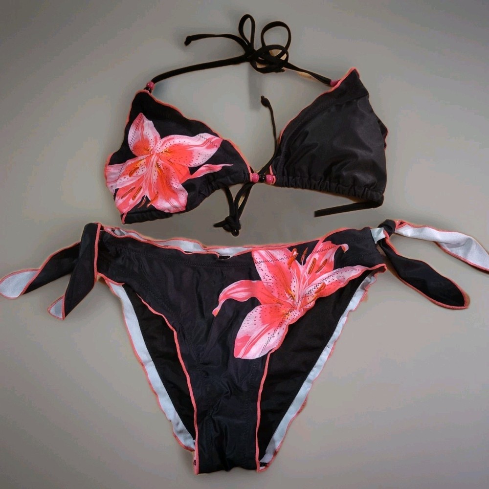Womens Bikini Swimsuit Size L Black Pink Floral 2 Piece Tie Side