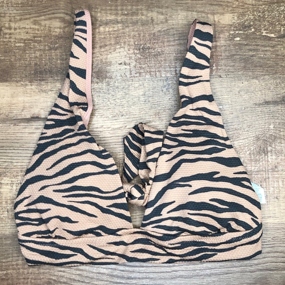 Aerie Pique Animal Print Tie Longline Triangle Bikini Top Small Sienna Black
