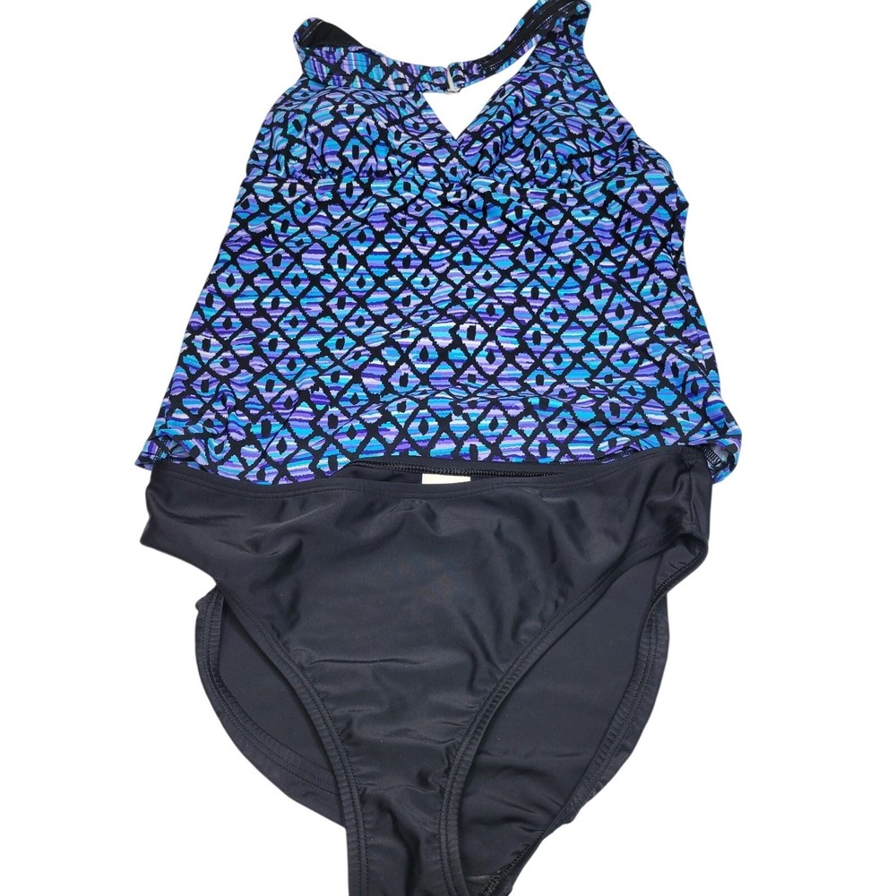 New Womens Size 12 Speedo Halter Tankini 2 Piece Set Swimsuit Suit Blue/Black
