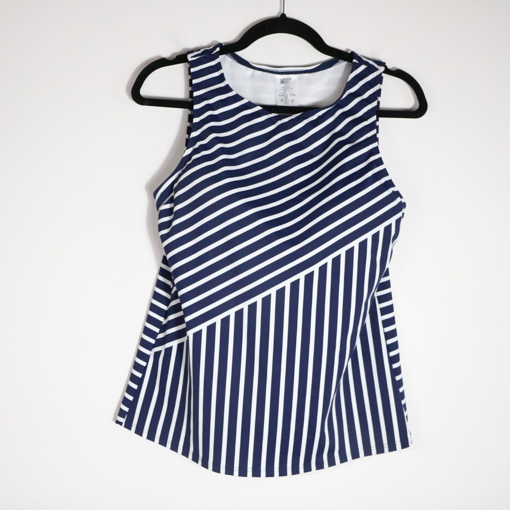 Lands End High Neck UPF 50 Sun Protection Tankini Swim Top 10D Modest Navy White