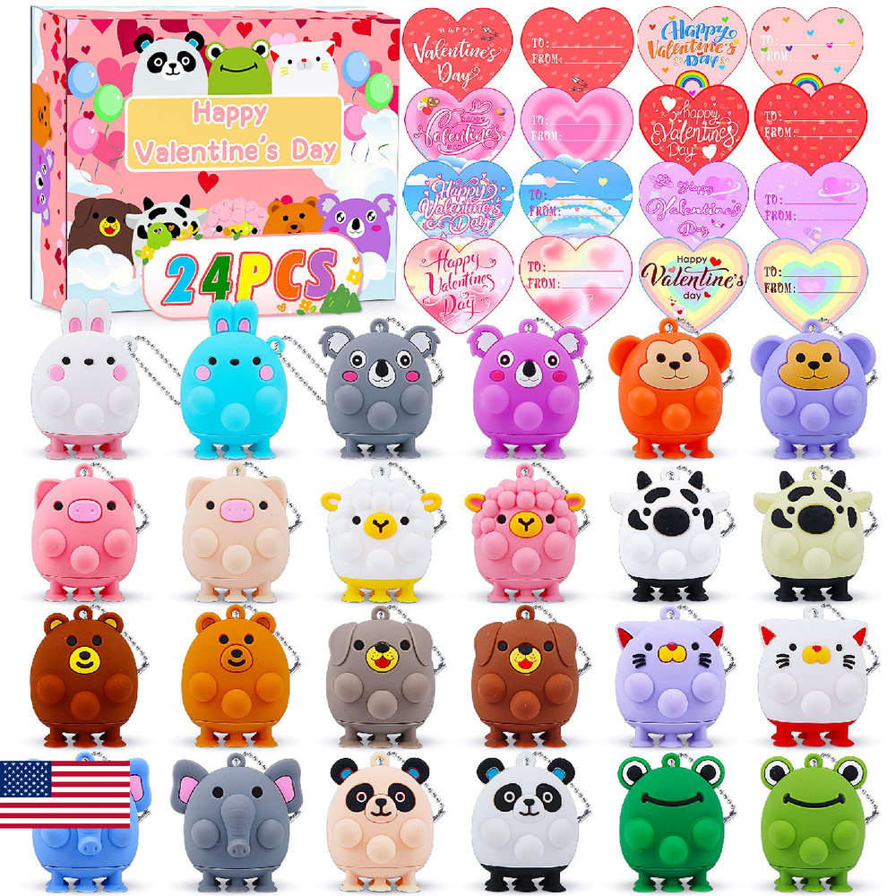 Valentines Day Cards for Kids School , 24PCS Animal Pop Suction Toys with Valent