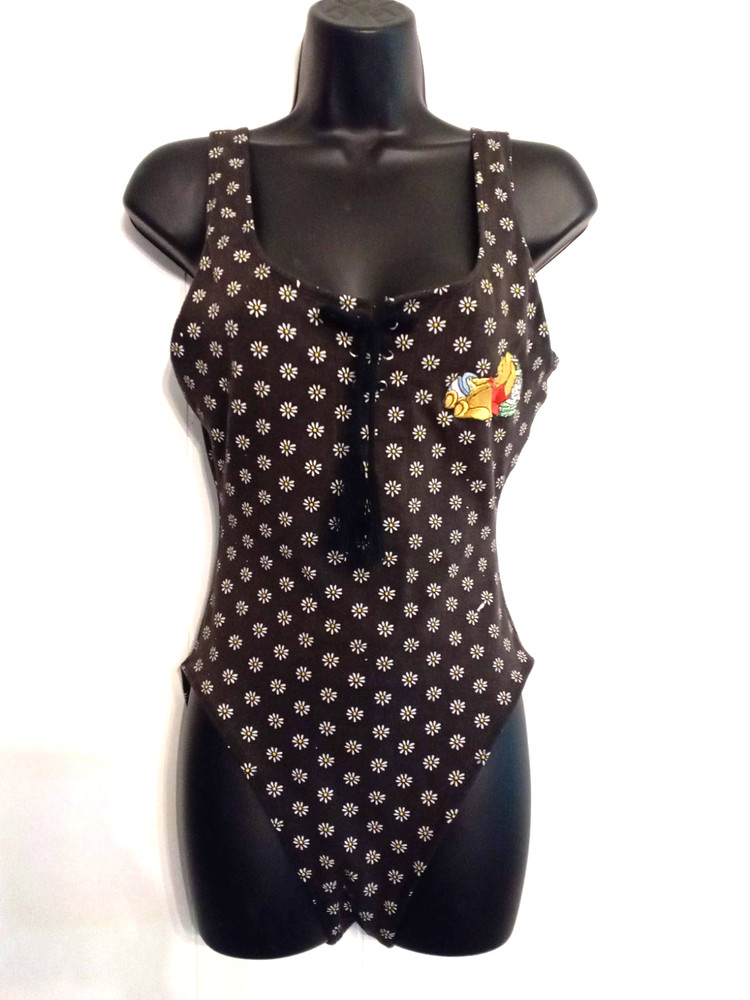 Disney Pooh Womens Swimsuit size 7/8 FADED Black Floral Print RARE VTG High Leg