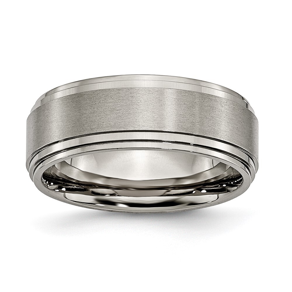 Titanium Brushed Center 8mm Double Step Ridged Edge Band Ring Size 9