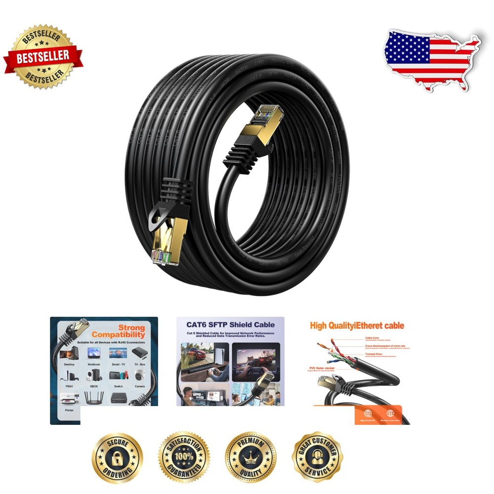 200FT Cat 6 Heavy-Duty Ethernet Cable - Perfect for Outdoor Streaming and Gaming