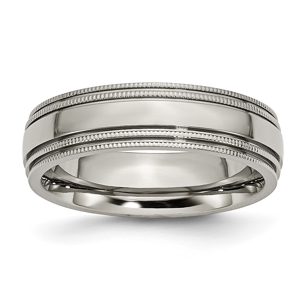 Titanium Polished 6mm Grooved and Beaded Edge Band Ring Size 10