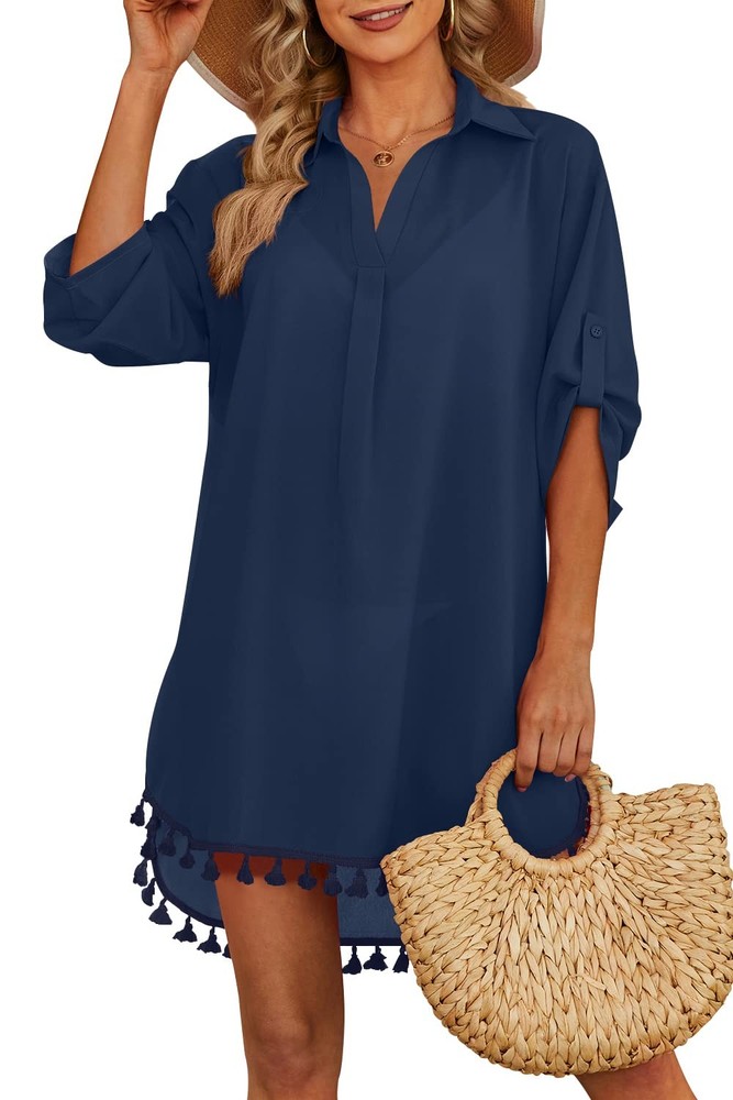 Yincro Women Swimsuit Cover Up Shirt, Tassel Beach Dress, Navy Blue, Size S