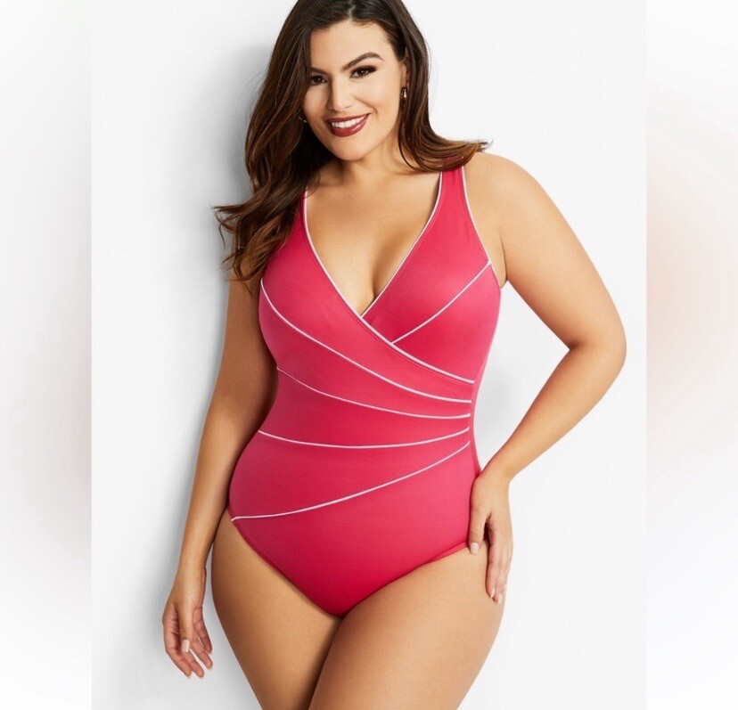 Miraclesuit Swimsuit Draped 1 Piece Dark Pink White Piping Sz 12