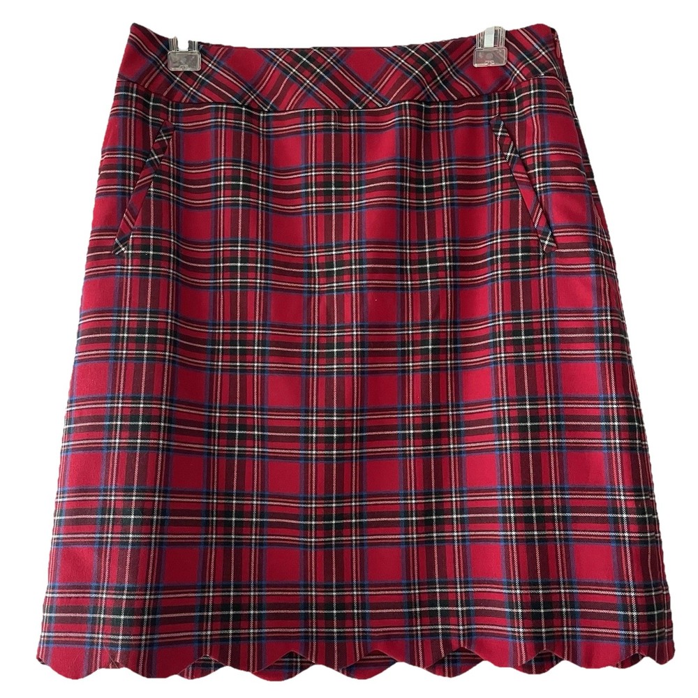 Talbots Women Size 4 Red Tartan Plaid Wool Blend Scallop Hem Pocket Lined Skirt