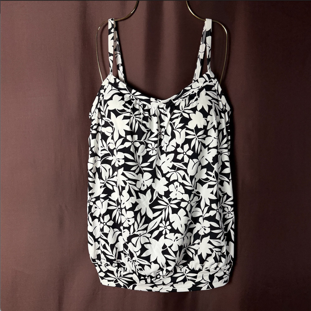 Lands' End Women's 2-4 LONG Blouson Tankini Swim Top White/Black Havana Floral S
