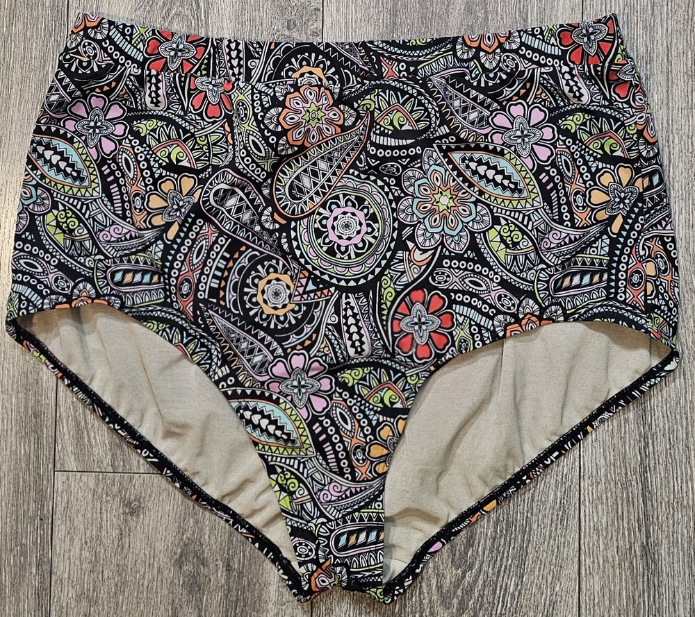 A Shore Fit  High-waisted Tummy Control Bikini Swim Bottoms Black Paisley Sz 22W