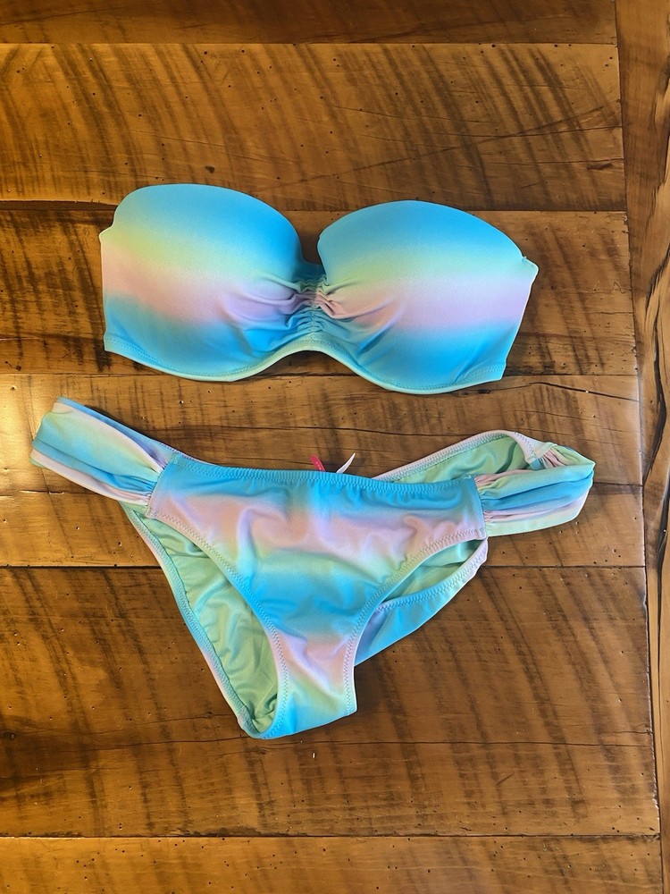 Victoria's Secret Striped Bikini 32DD Top Bottom Size Medium Pastel Multicolor