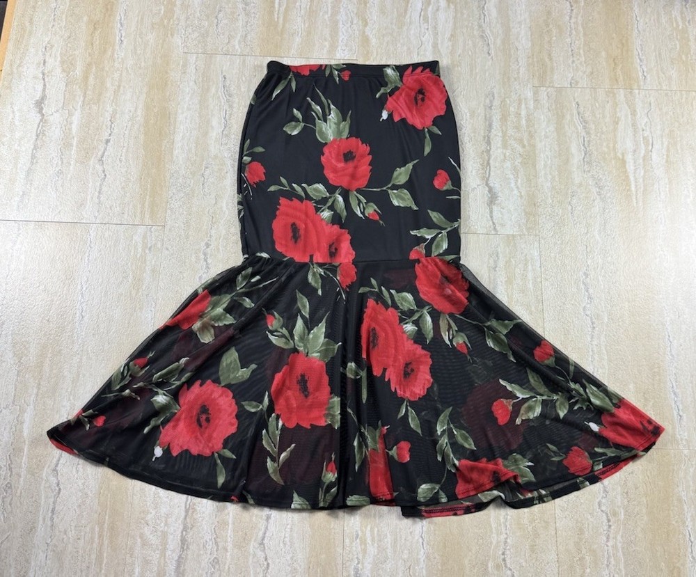 Touch Me Womens S Black Red Floral Mesh Mermaid Maxi Skirt Y2K Flowy Trumpet Hem