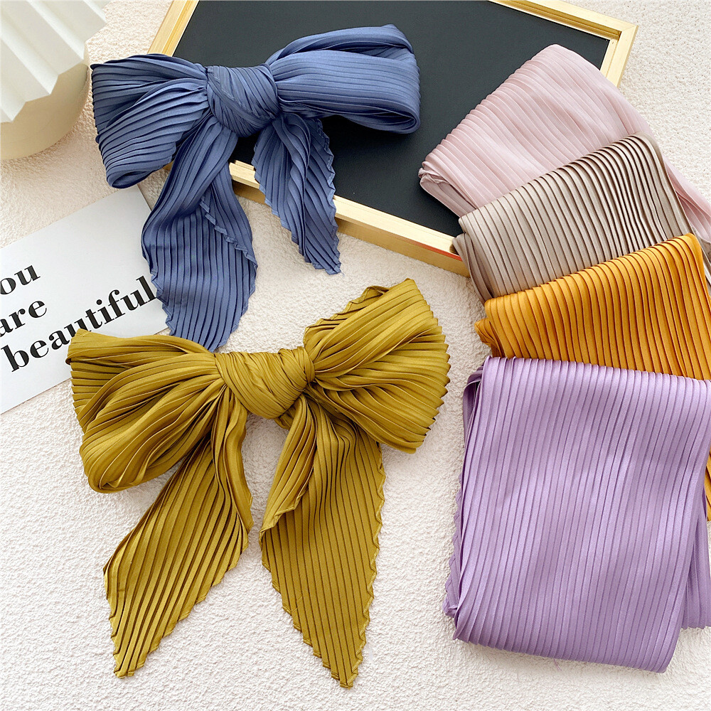 Silk Pleated Scarf  Solid Bandana Hair Tie Band Wrist Wrap Band Neck Wear N