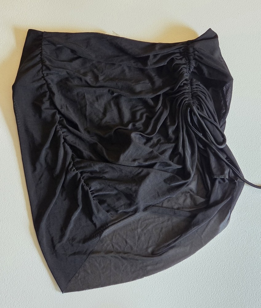 Black Sheer Ruched Swim Skirt Cover-Up With Attached Bikini Bottom