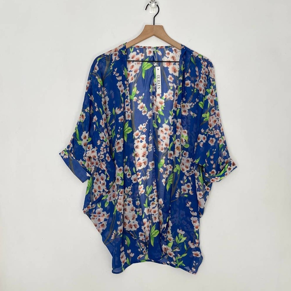 NEW Olrain Blue Floral Batwing Kimono Swim Coverup Women's Size Small Beach