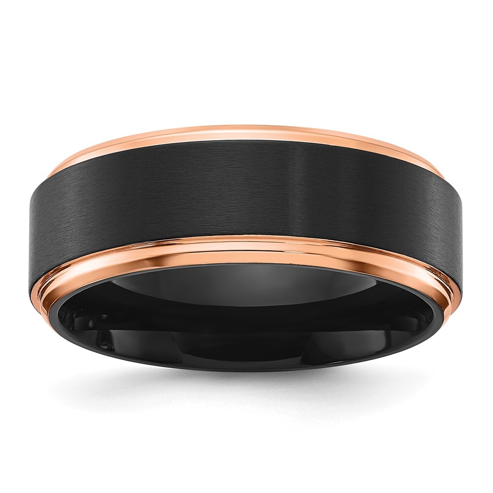 Titanium with Brushed Center Black and Rose IP-plated 8mm Band Ring Size 10