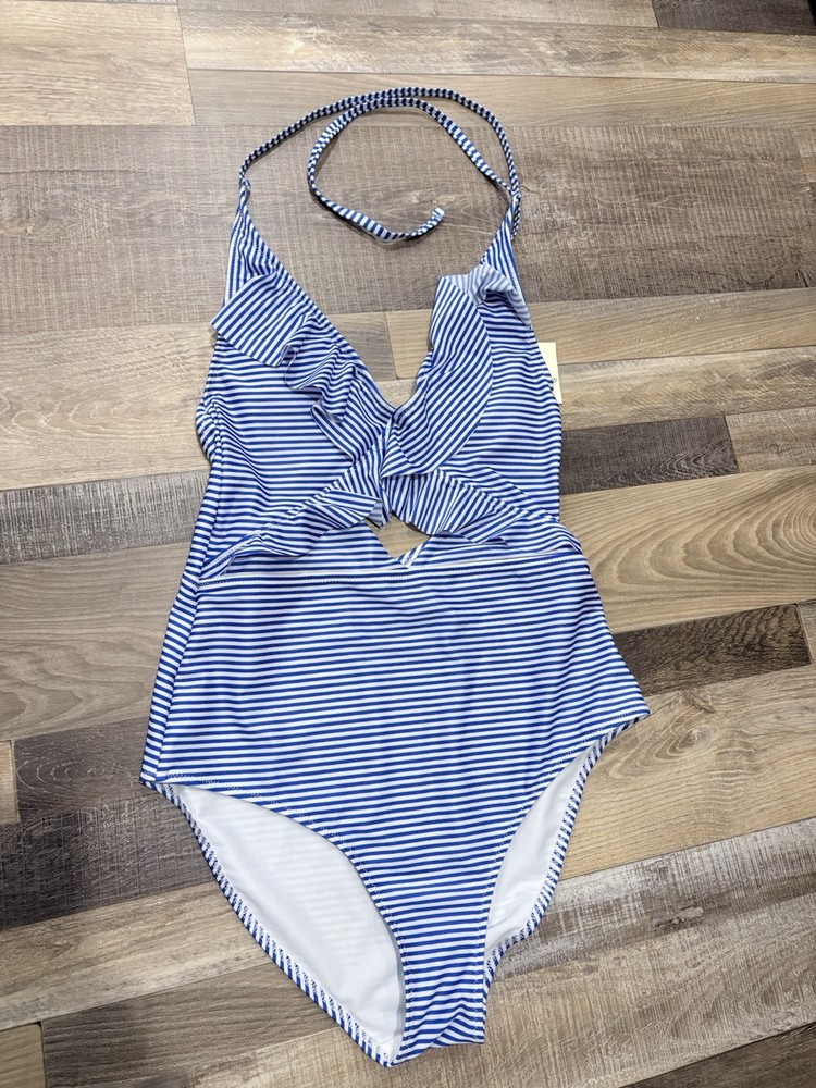 Aerie Blue White Nautical Striped V Neck One-piece Swimsuit Medium