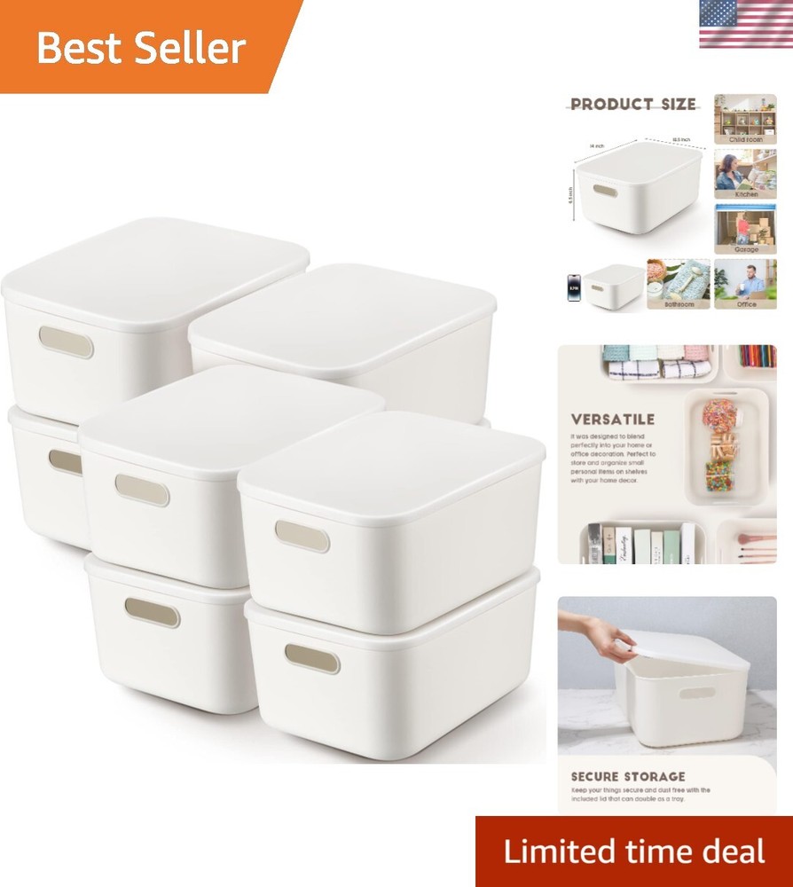 8-Piece White Plastic Storage Bins with Lids and Handles, Stackable Organizer Boxes