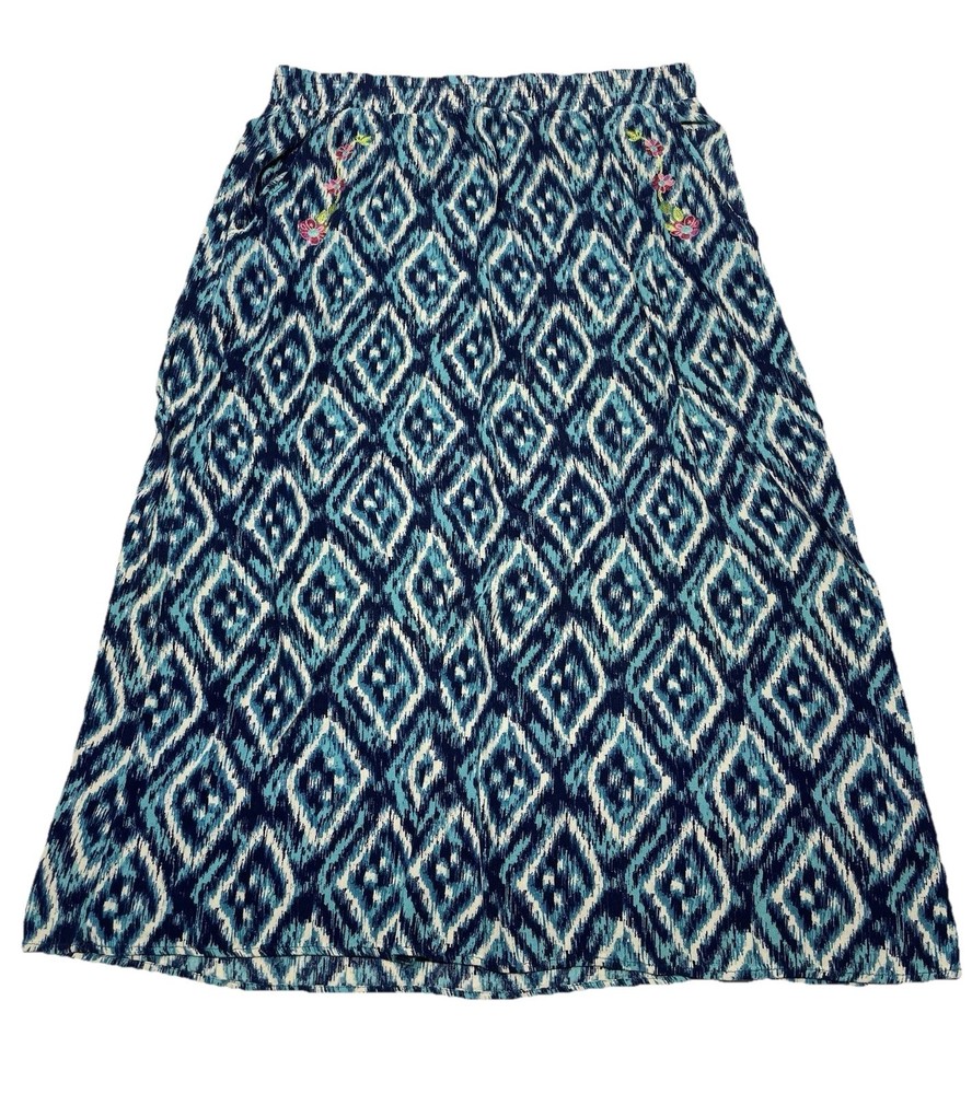 Blue Abstract Artsy Floral Embroidered Skirt Sz XL Boho Hippie Festival Hipster