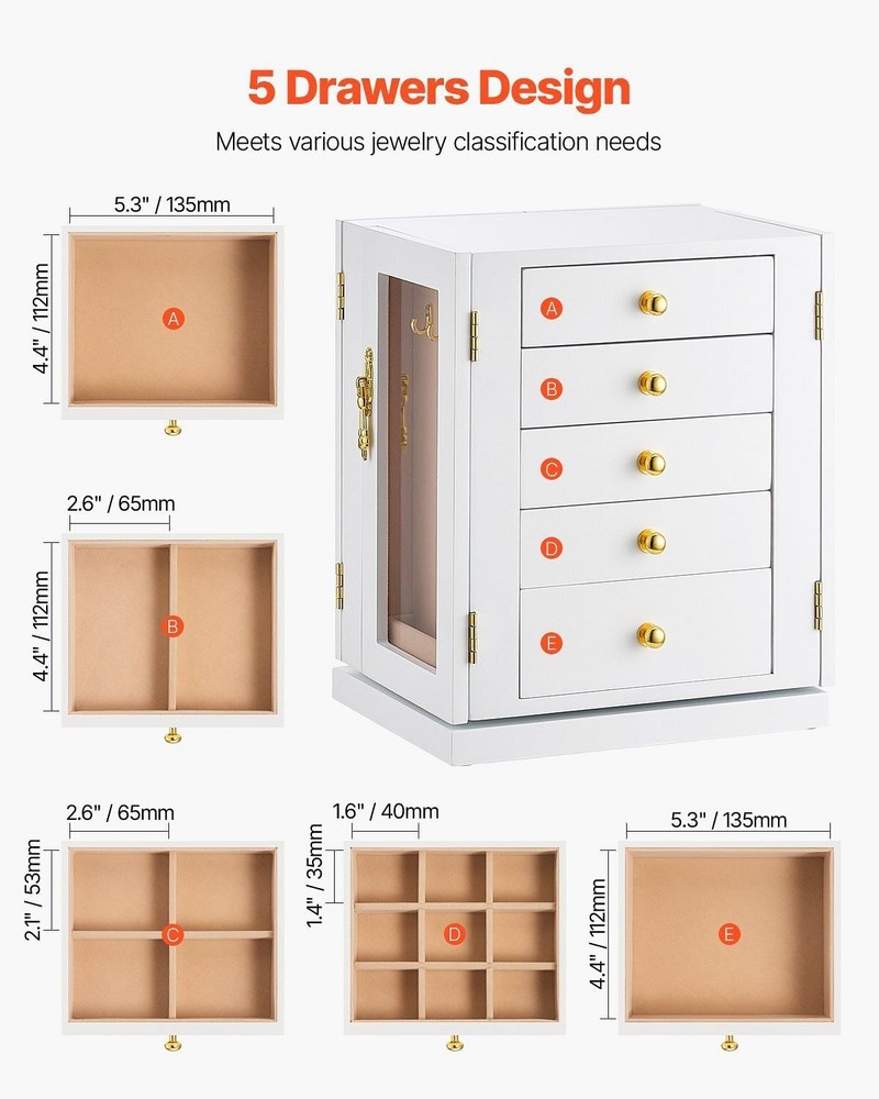 Jewelry Box, 360?&deg; Rotating Jewelry Organizer with 5 Drawers, Acrylic Window