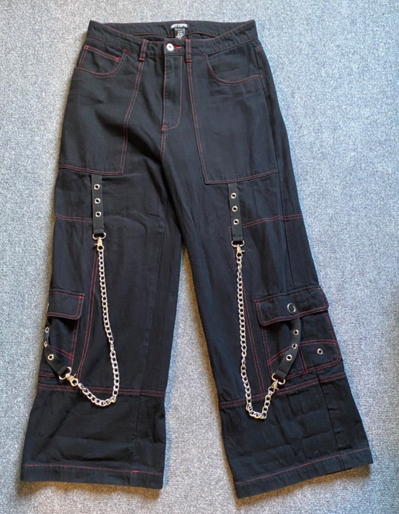 Mens 32x30 Black Y2K Goth Cargo Jeans with Chains Wide Leg Baggy-image