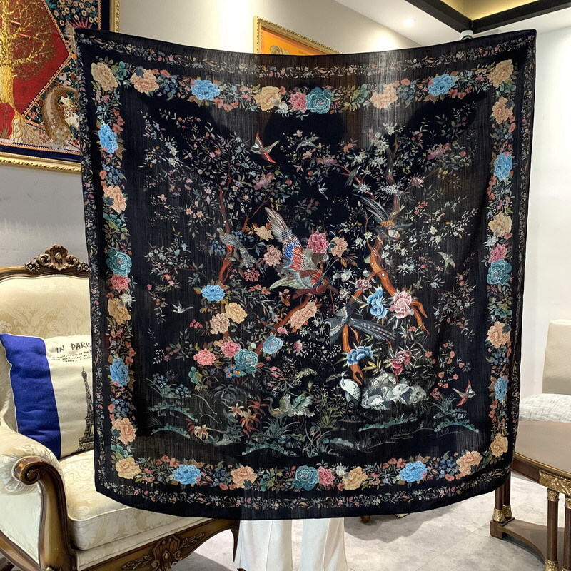 Tess 70% Cashmere 30% Silk Wrap Scarf Flower Birds Print Double Face Shawl 53