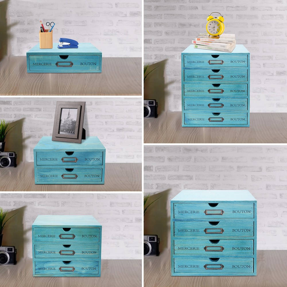 Five-Piece Set Pine Wood Desktop Drawers Vintage Wooden Desktop Organizer Blue