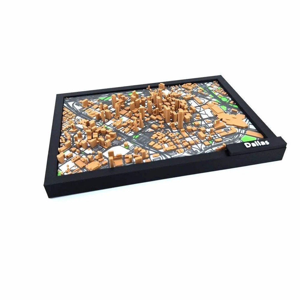3D Miniature Model of Downtown Dallas – Framed Architectural Cityscape with Land