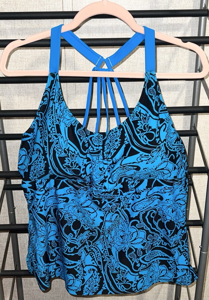 Women's Blue And Black Paisley Race back Tankini Top Size XL