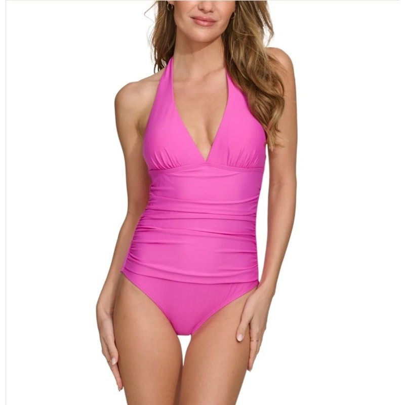 DKNY Women Carnation Pink Beachwear Tie-Back Halter One-Piece Swimsuit Size L