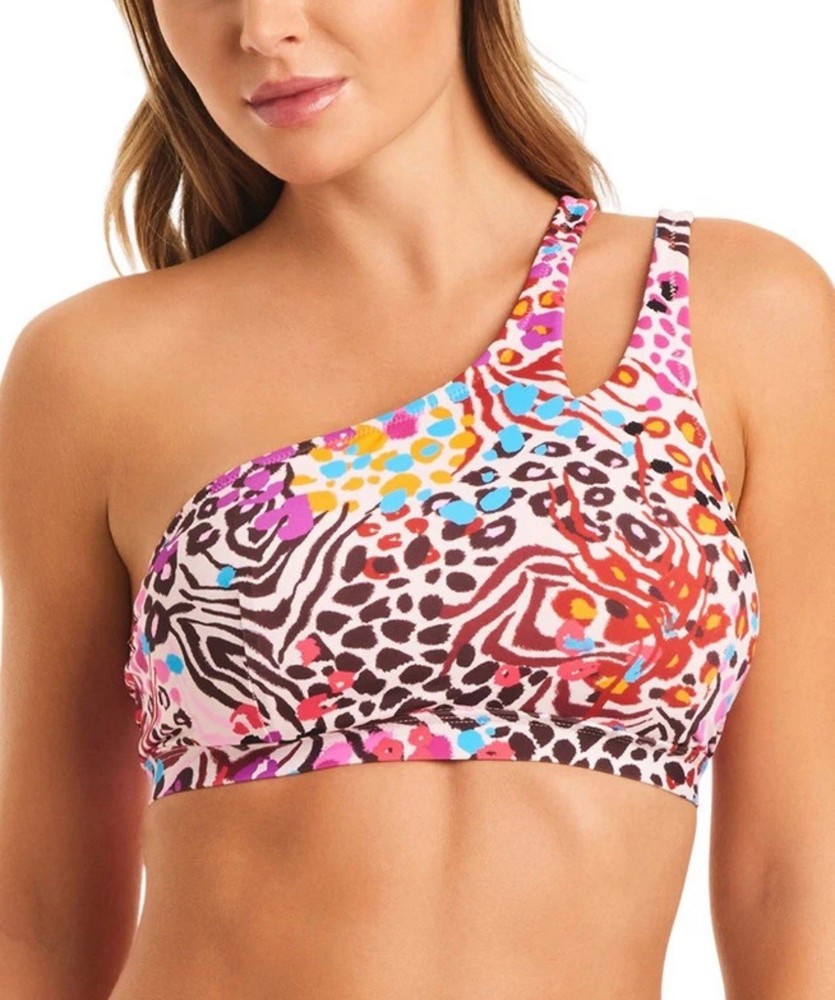 Jessica Simpson Women's Multicolor One-Shoulder Bikini Top (Pink Multi, Medium)