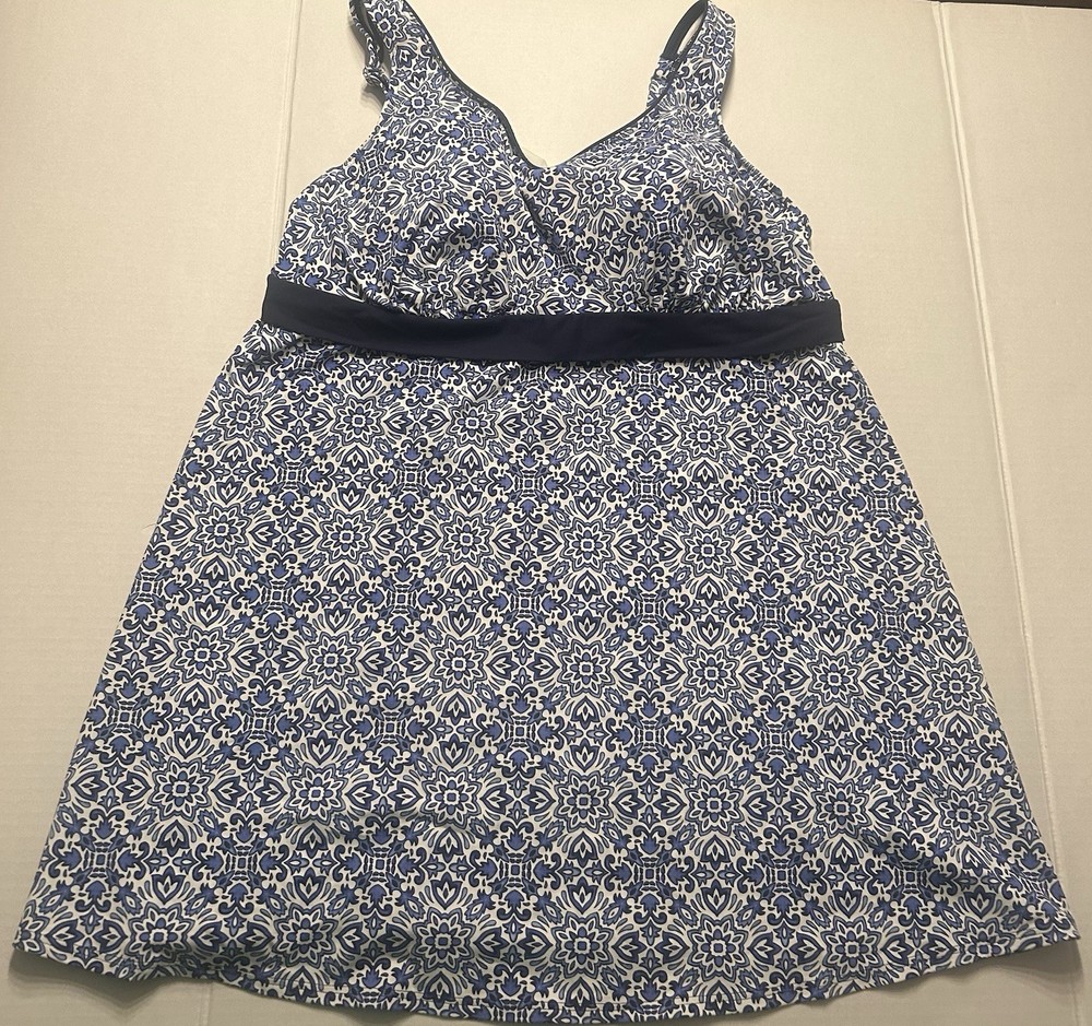 Lands End Swim Dress Blue White Pattern Underwire Scoop Neck Cover Up Size 20W
