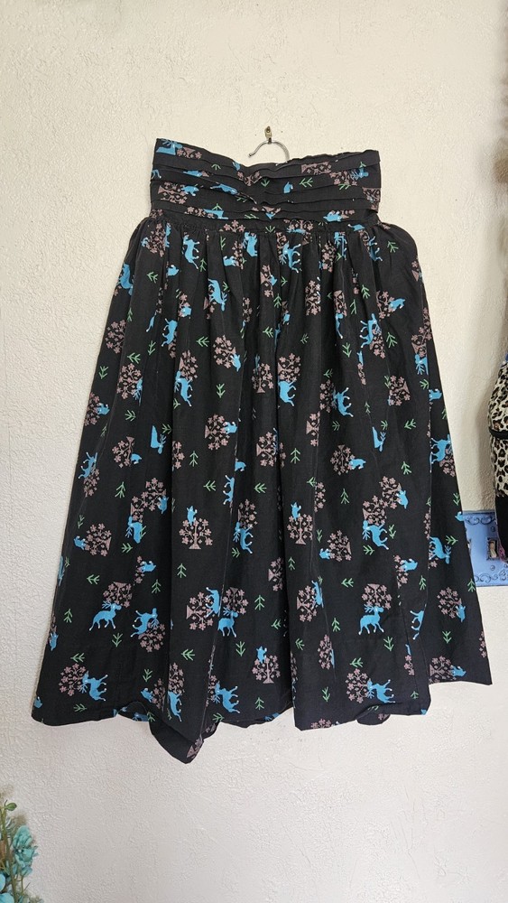 Black Blue Deer Animal Print Pleated Midi A-Line Skirt Zip High Rise Small