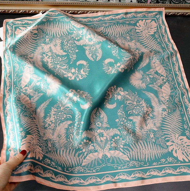 Luxury 100% Mulberry Silk Blue Phoenix Flower Print Square Scarf Shawl 68x68cm