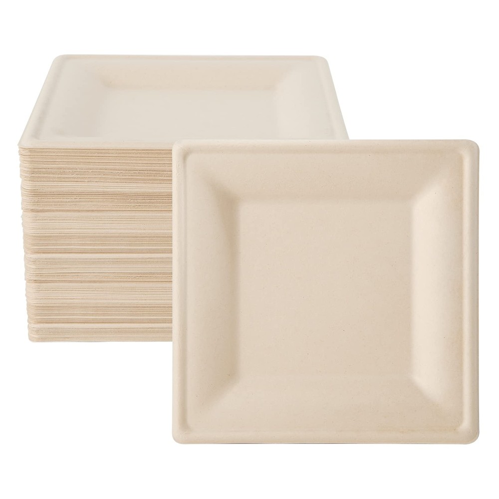 100 Pack Compostable Square Plates, 10 inch Disposable Paper Plates, Eco-frie...
