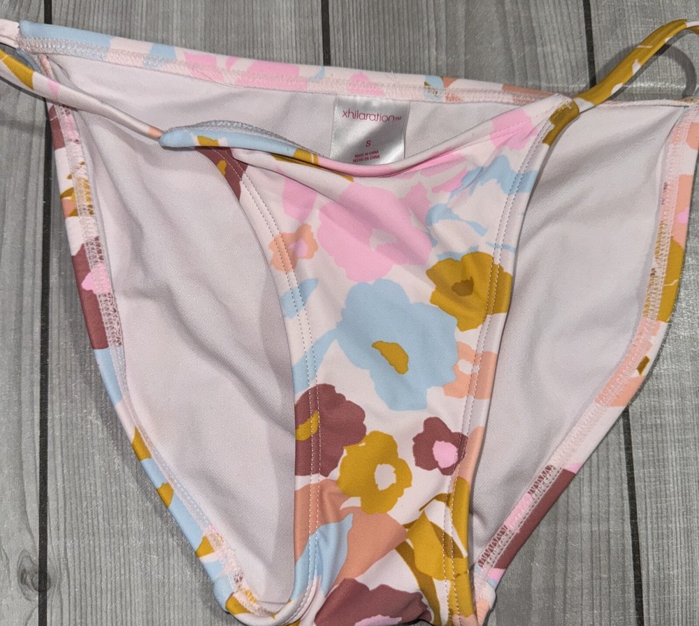 Xhilaration Women's Bikini Bottom Pink White Floral Hipster Skinny Side Small