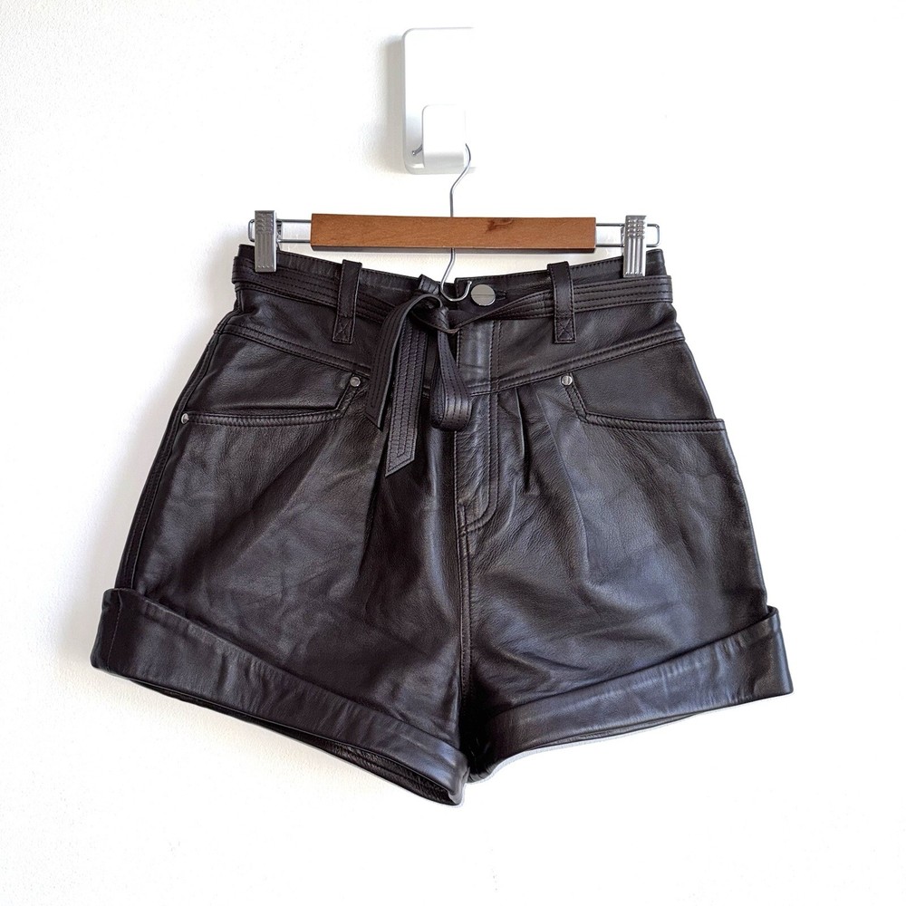 Revolve L’Academie Savon Size Small Dark Brown Leather Shorts Tie Waist Cuffed