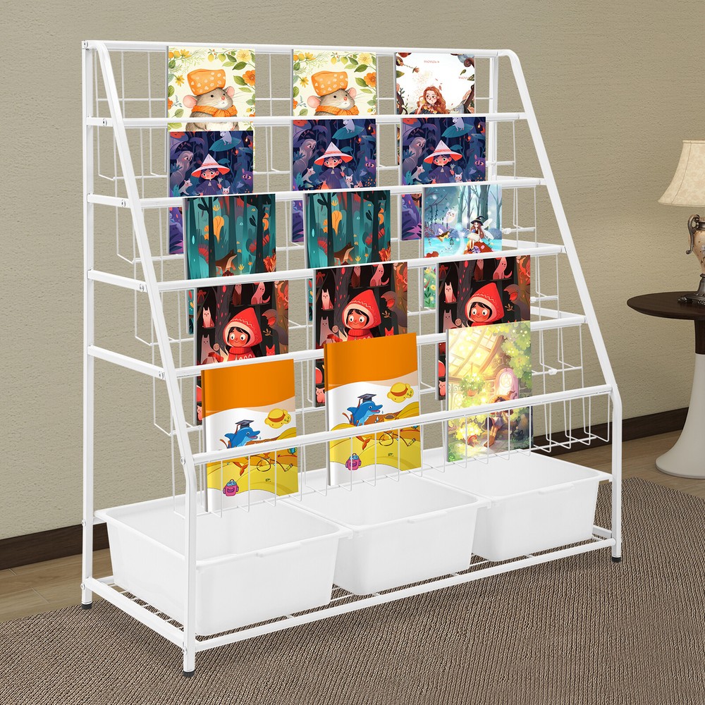 Kids Bookcase with Storage Boxes & Display Rack in White