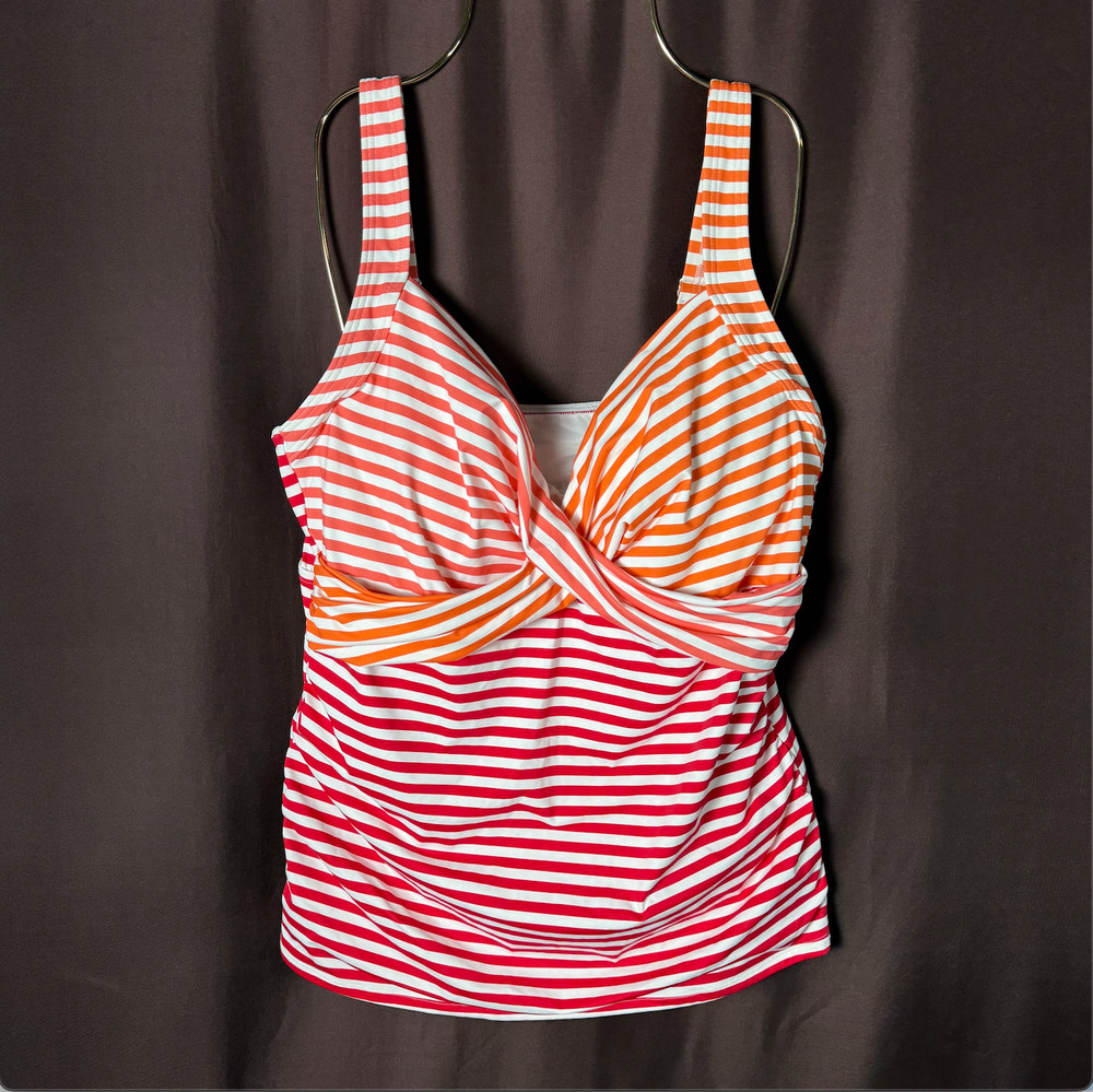 Lands End Women's 14, 14 LONG Adjustable Swim Tankini Top V Neck Wrap Strawberry