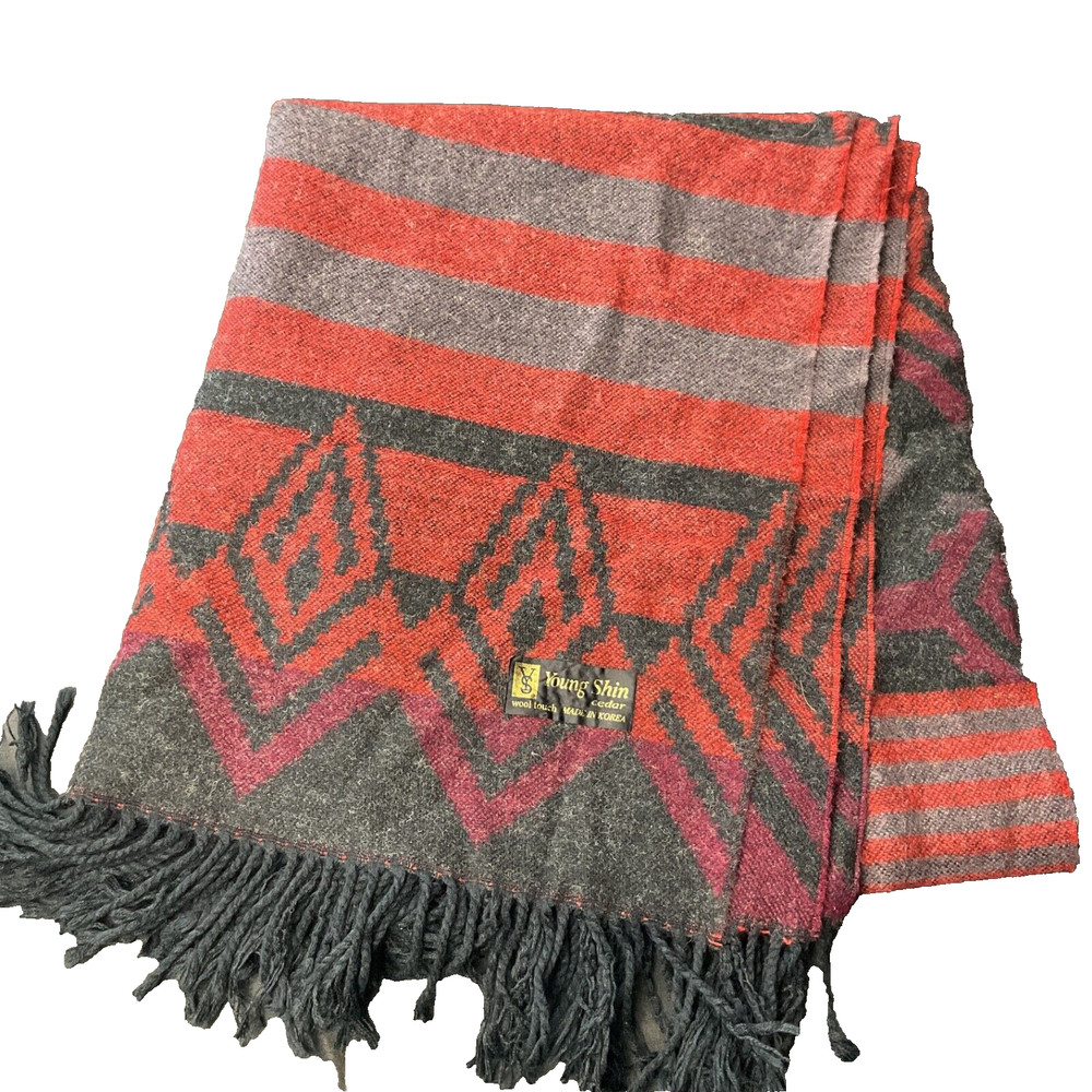 Vintage Wool Touch Aztec Print Fringe Scarf Made in Korea Southwestern Red Gray