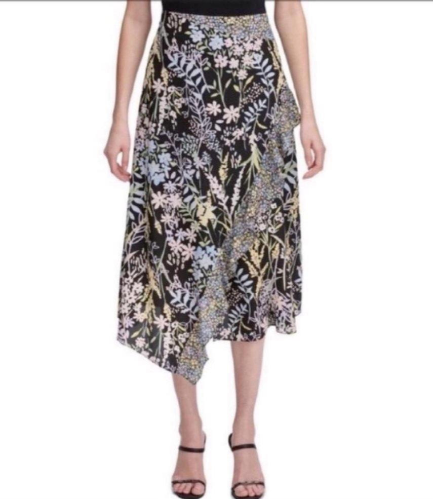 Calvin Klein Women's A-Line Midi Skirt Size 2 Black Floral Ruffled High Rise