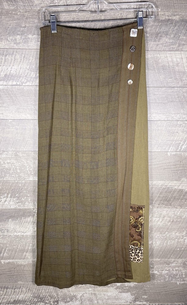 Brown Plaid Patchwork Paisley Animal Print Beaded Faux Wrap Skirt Size M Flaw*