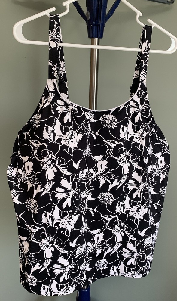 Lands' End Womens Plus Swim Tankini Bathing Suit Top Black White Floral 24W
