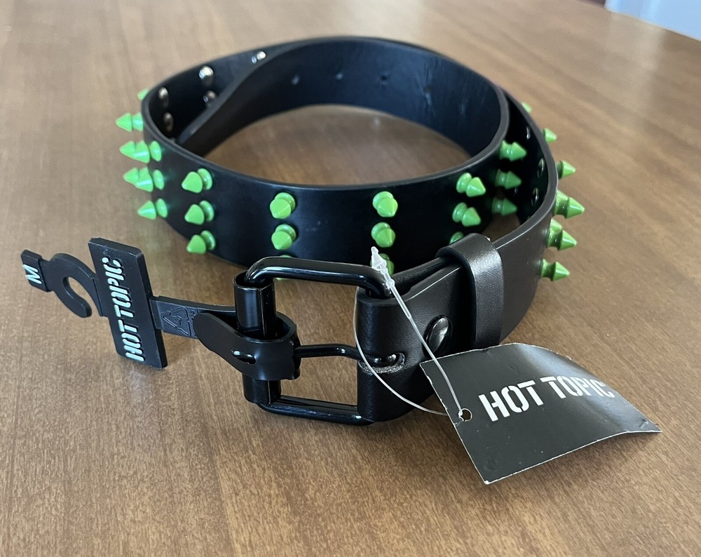 Hot Topic Green Black Spiked Punk Belt 3-Row Studded Medium Metal Rock  -image