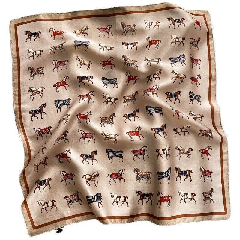 Silk Scarf for Women - Elegant Champagne Horse Design 53x53cm Bandana