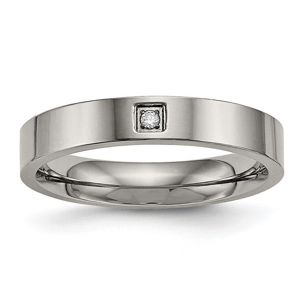 Titanium Polished with Cubic Zirconia 4mm Flat Comfort Fit Band Ring Size 12