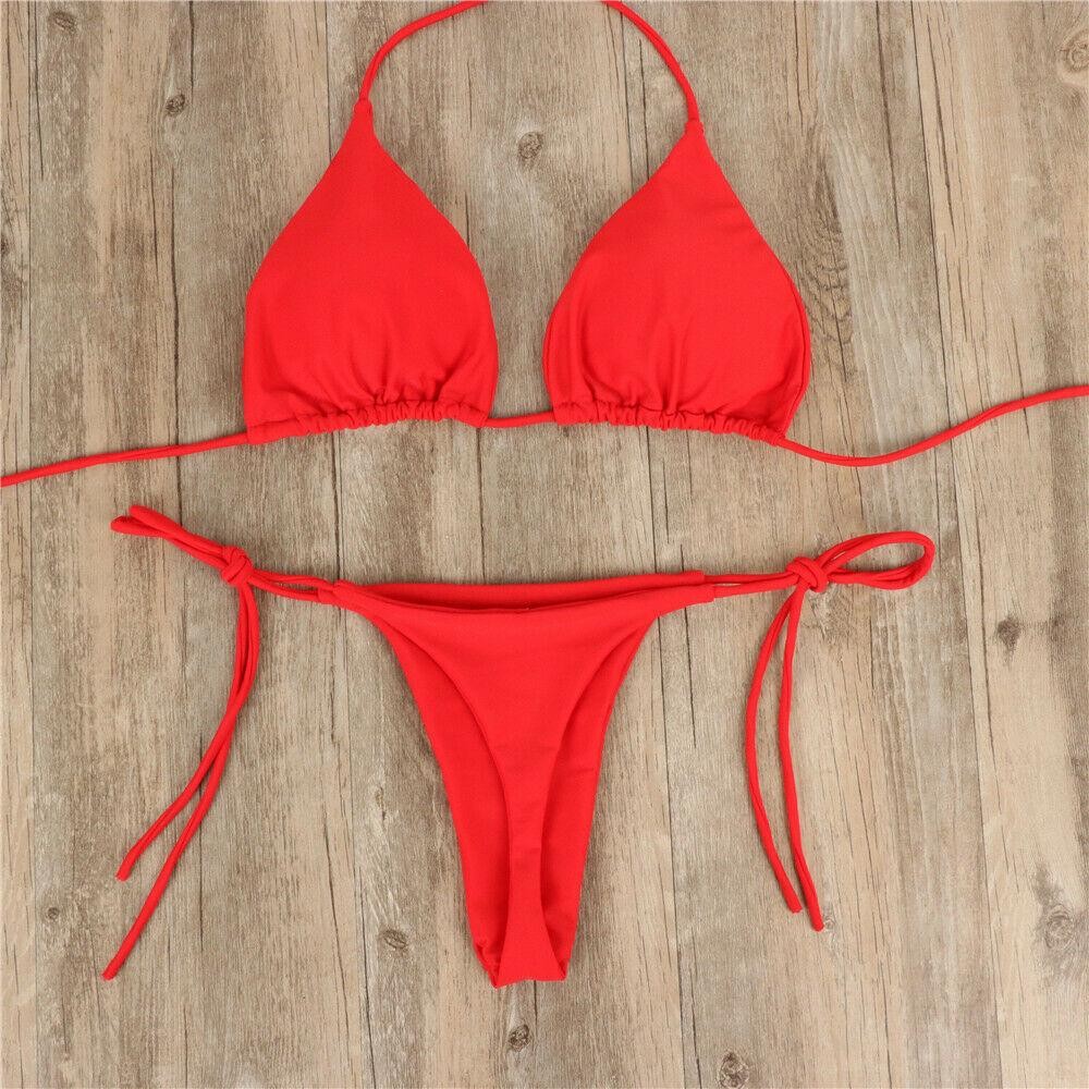 Beach Style Swimsuit for Women Sexy Halter Swimwear Solid Thong Female Bikini