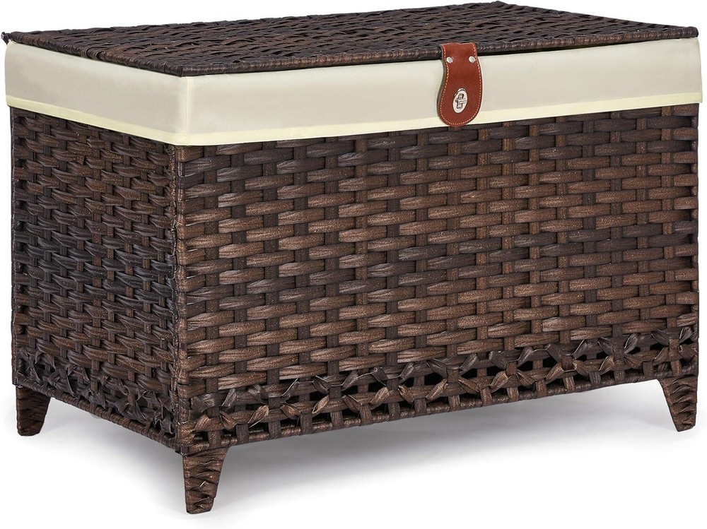 Wicker Storage Basket with Lid Rattan Shelf Basket with Removable Liner Bag...